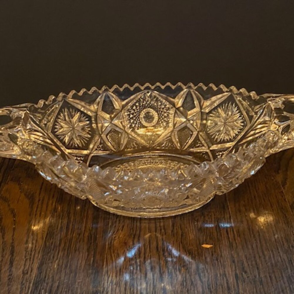 Imperial Crystal Glass Oval Bowl With Sawtooth Edge & Candle Holders on Eachside